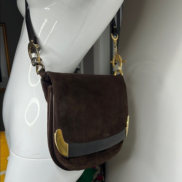 Susan Gail Brown Chocolate Suede and Leather Goldtone Hardware Shoulder Bag - Picture 1 of 16